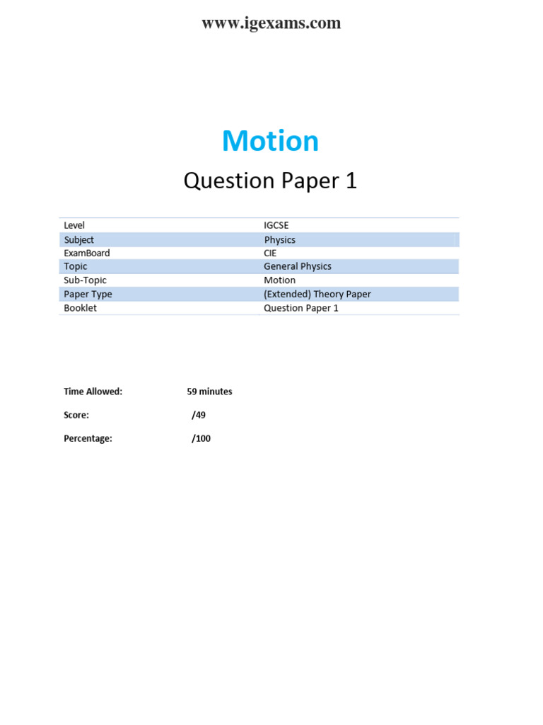 IGCSE Physics Motion Question Paper | PDF | Acceleration | Speed