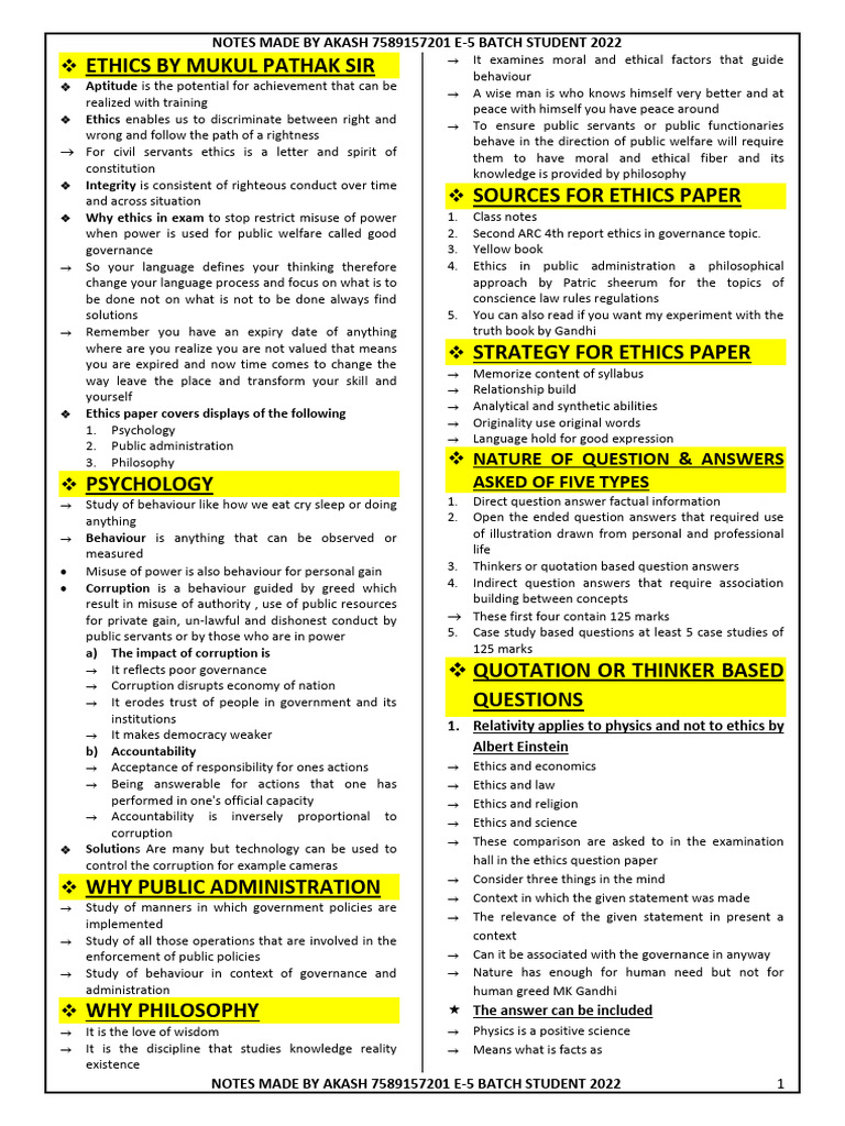 Mukul Pathak's Ethics Notes Summary | PDF | Attitude (Psychology ...