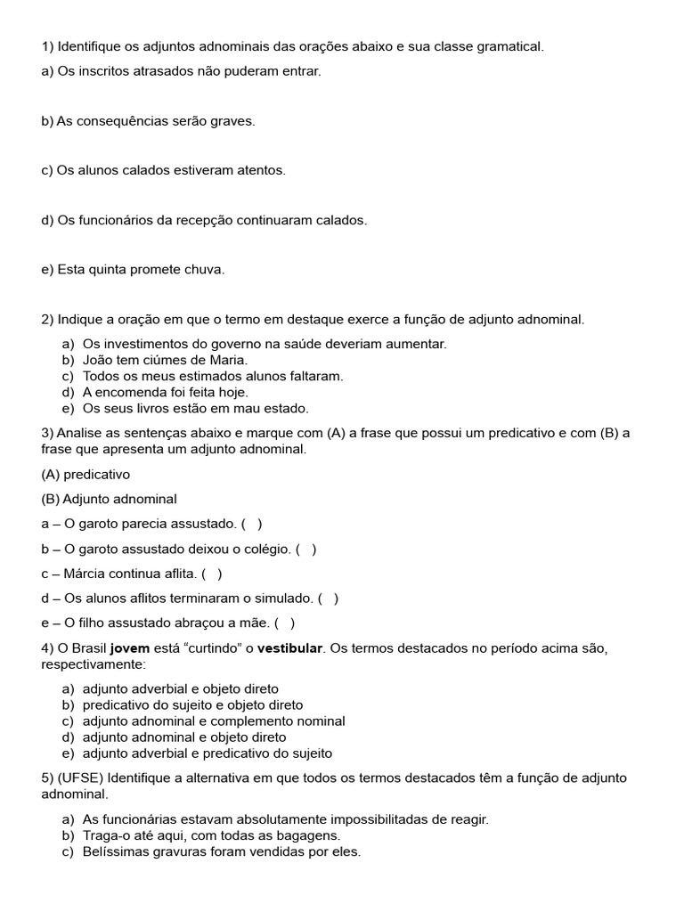 Atividade Adjunto Adnominal e Complemento Nominal | PDF | Assunto ...