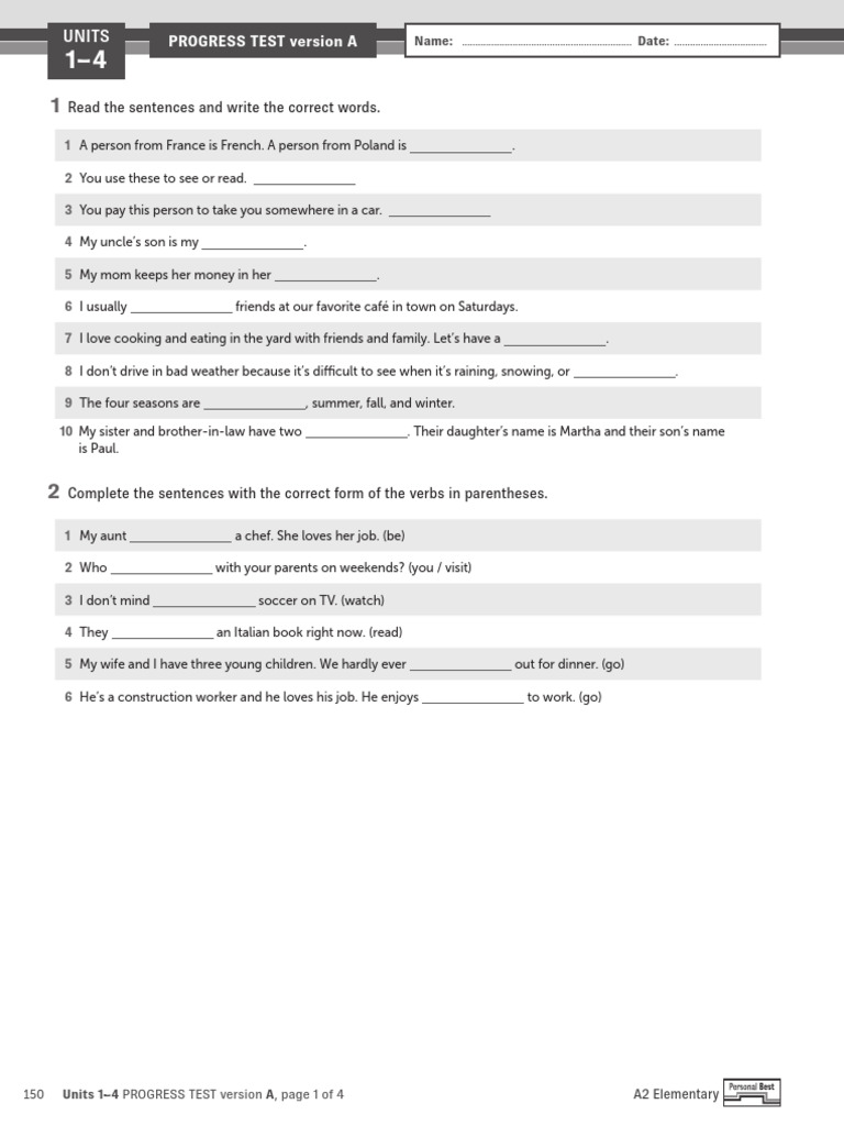 A2 Progress Test Version A | PDF | Language Arts & Discipline