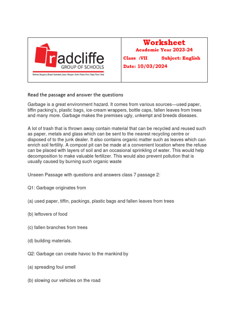 Class 7 English Worksheet: Garbage & Nutrition | PDF | Waste | Recycling