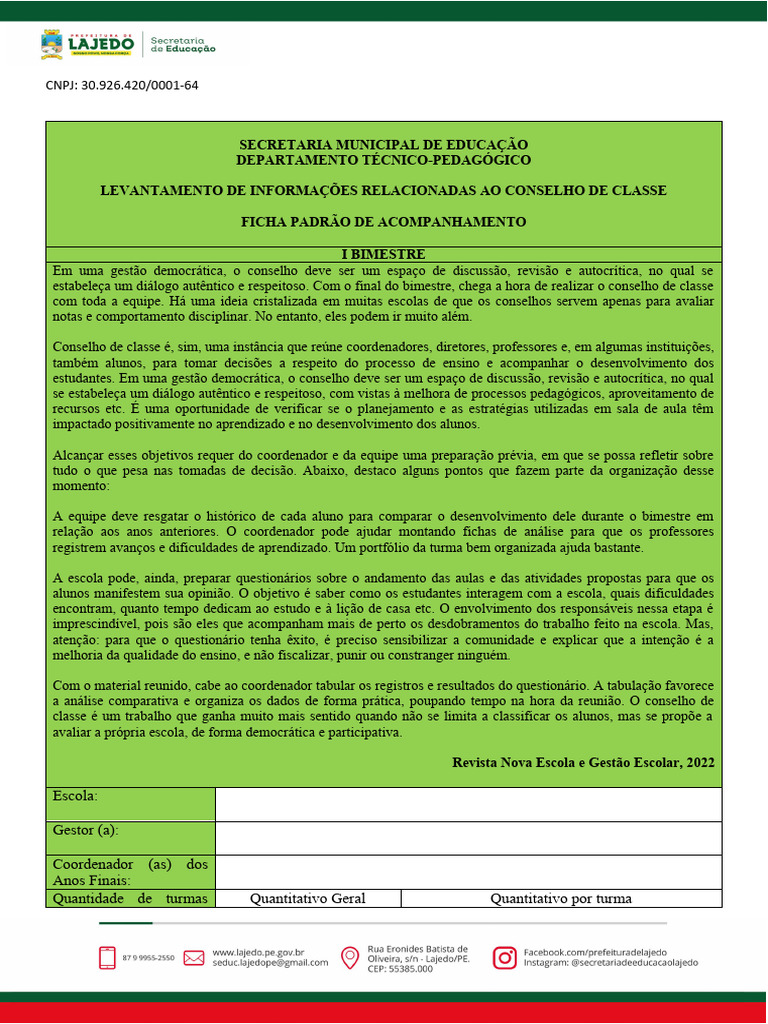 Ficha de Acompanhamento do Conselho de Classe | PDF | Aprendizado ...