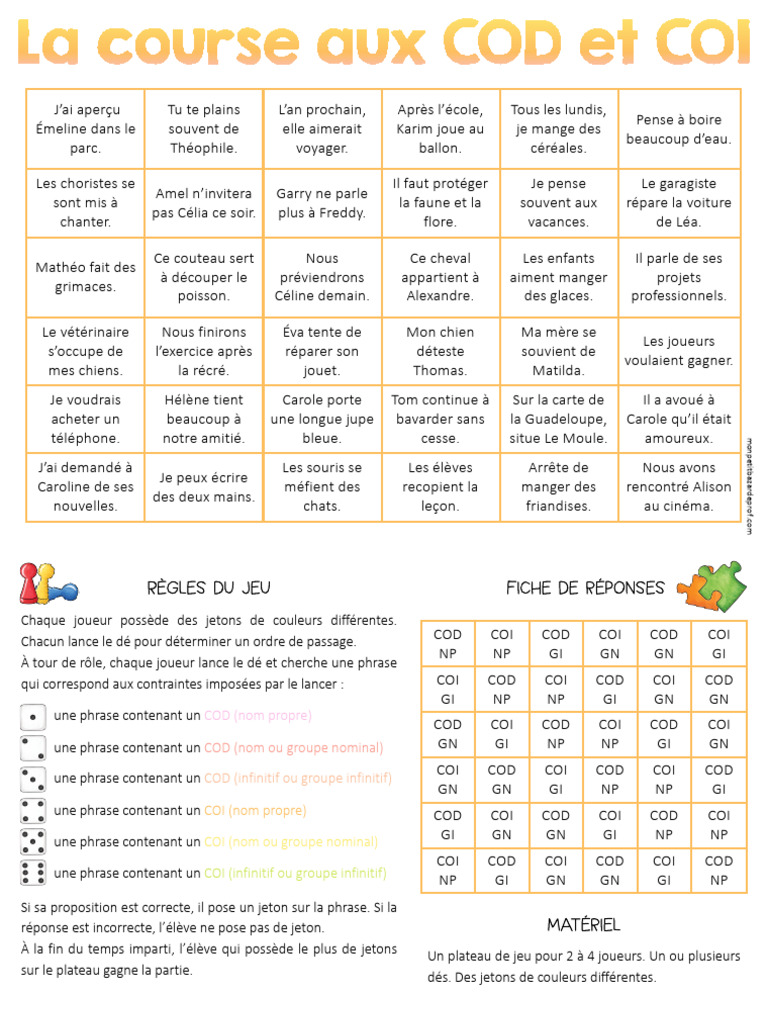 Jeu éducatif sur COD et COI | PDF | Complément d'objet | Phrase
