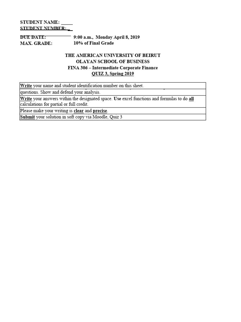 Quiz 3 cap budgeting cap structure valuation expanded student version