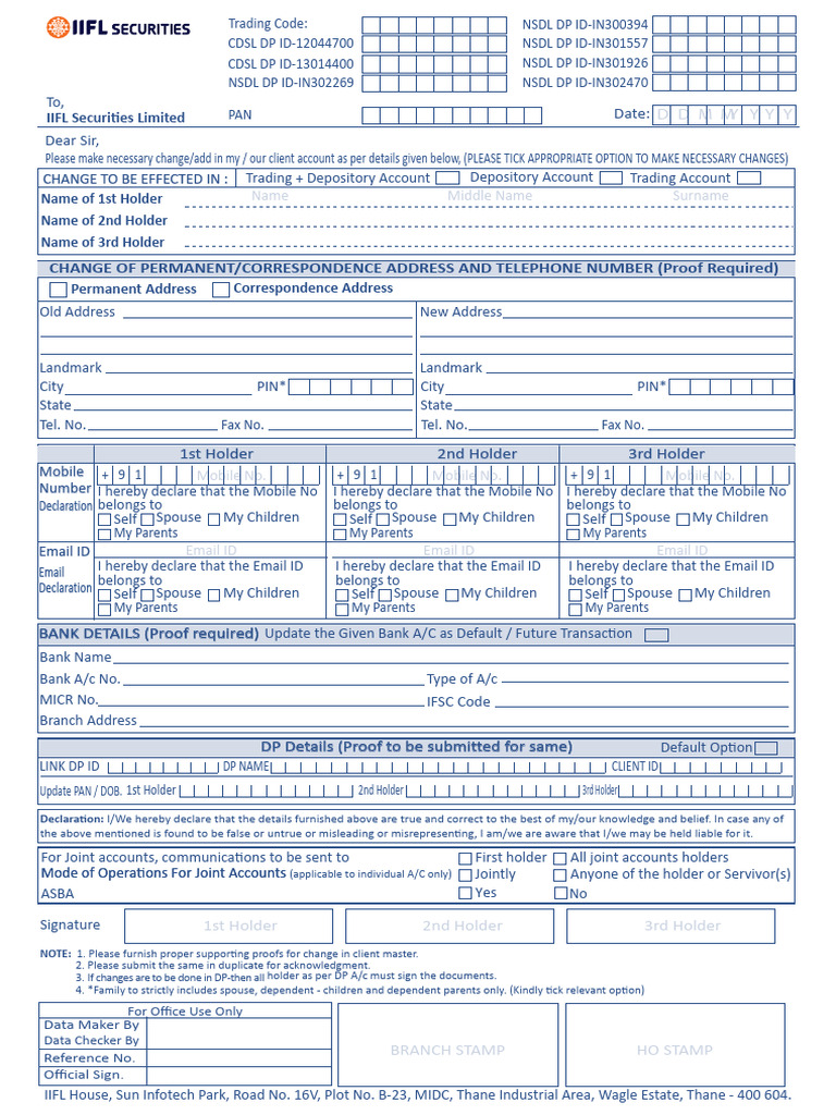 Iifl modification form 16 01 2024change of ac details pdf computing