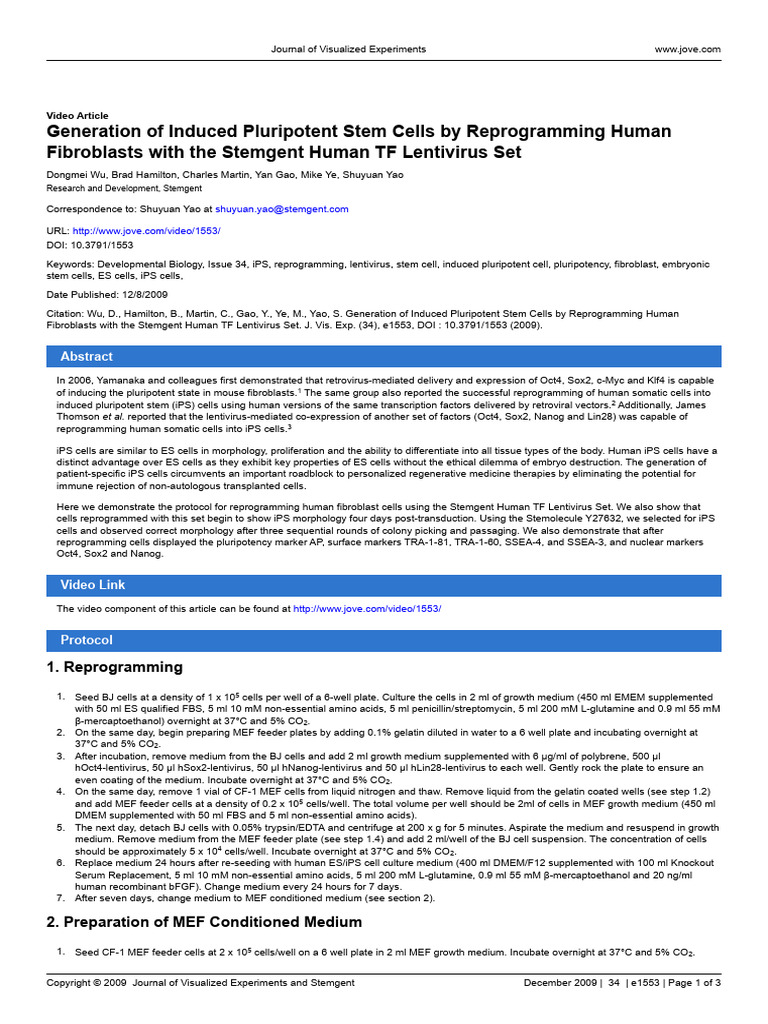 Generation iPSC From BJ Cells JOVE Protocol | PDF | Cell Potency ...