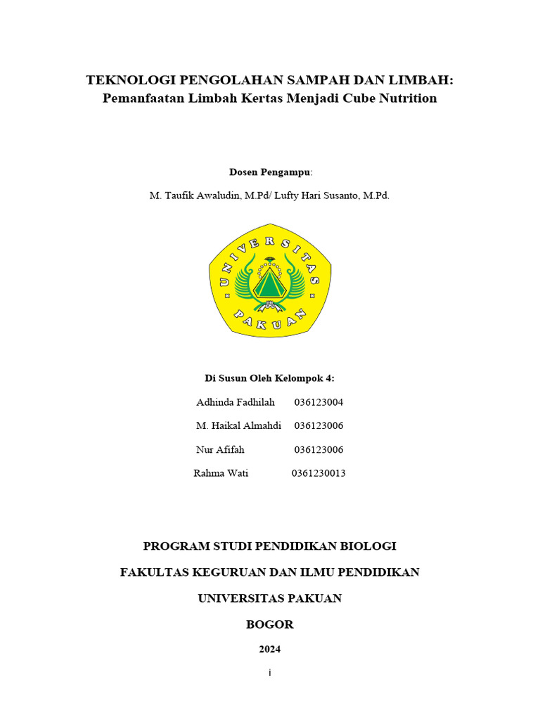 Proposal TEKNOLOGI PENGOLAHAN SAMPAH DAN LIMBAH - Pemanfaatan Limbah ...