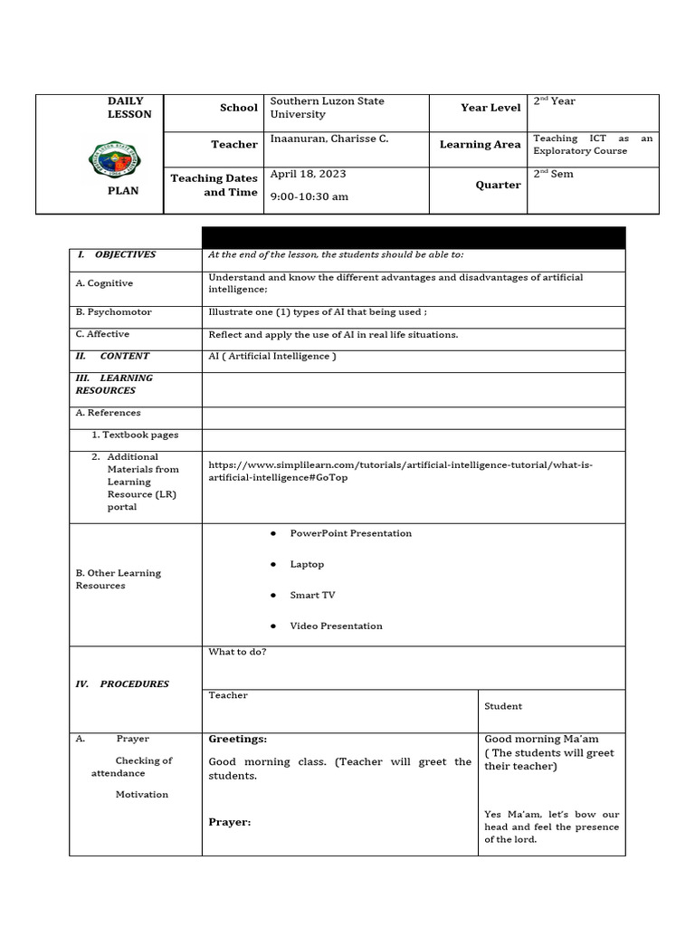 Artificial Intelligence Detailed Lesson Plan | PDF | Artificial ...