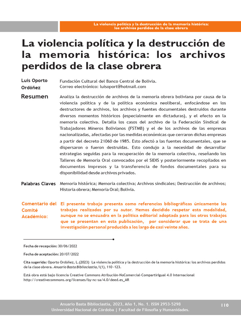 La Violencia Política y La Destrucción de La Memoria Histórica: Los ...
