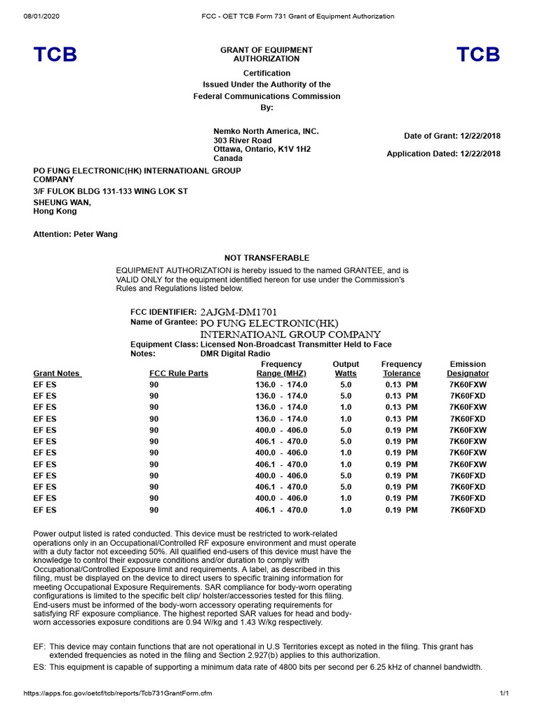 FCC ID 2AJGM-DM1701 Equipment Grant | PDF | Technology & Engineering