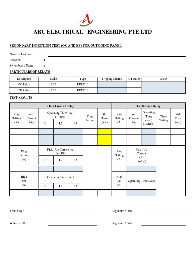Secondary Injection Test Results for Relays | PDF | Electrical ...