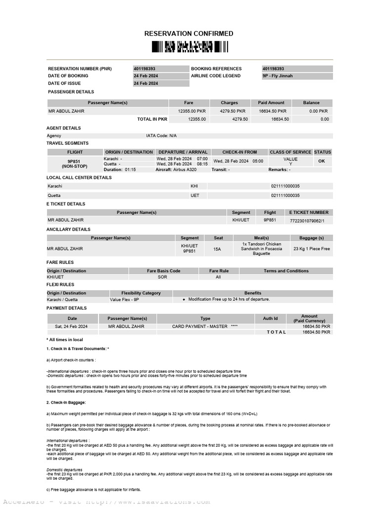 Fly Jinnah Karachi-Quetta Flight Confirmation | PDF | Transport | Aviation