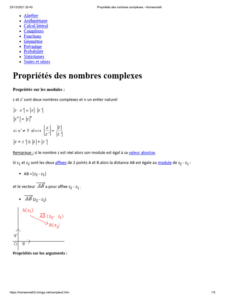 Propriétés des nombres complexes | PDF | Méthodes et références ...