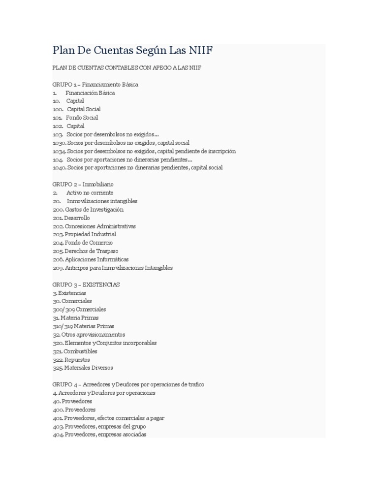 Plan de Cuentas bajo NIIF | PDF | Negocios | Finanzas y dinero
