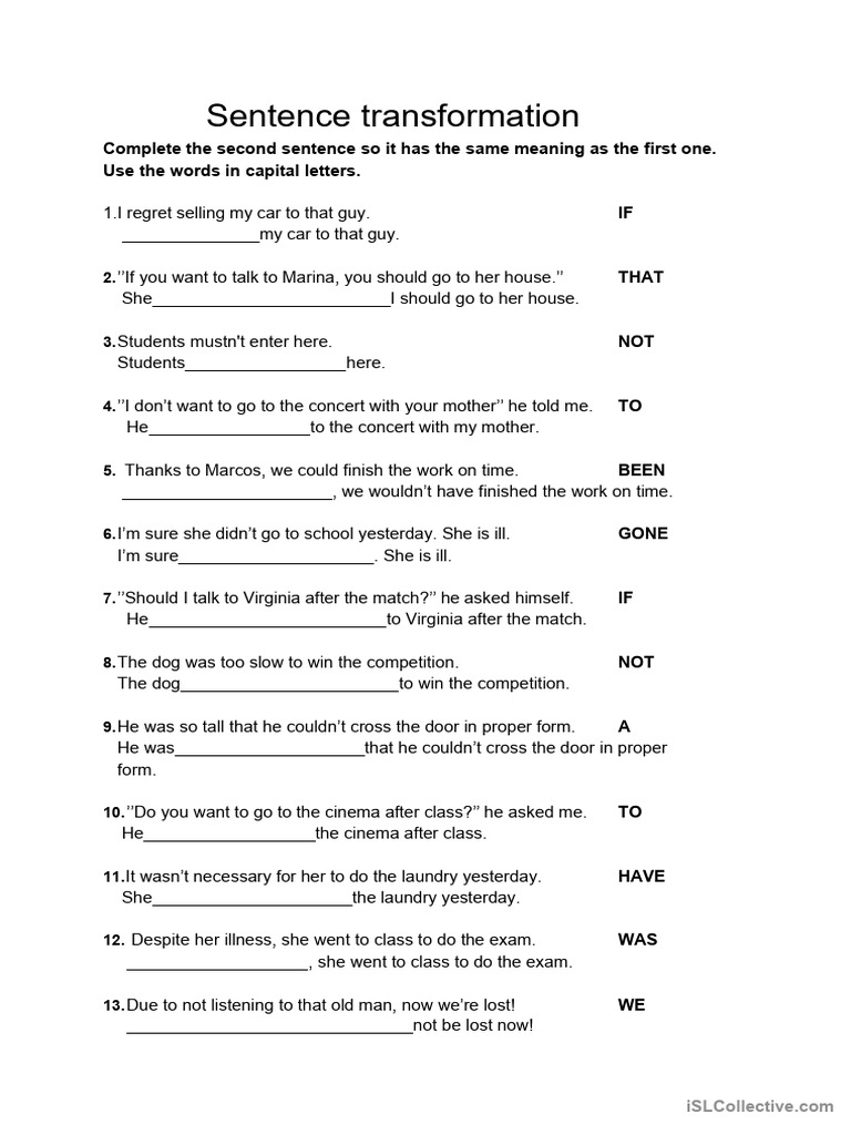 B2 Sentence Transformation Exercises | PDF