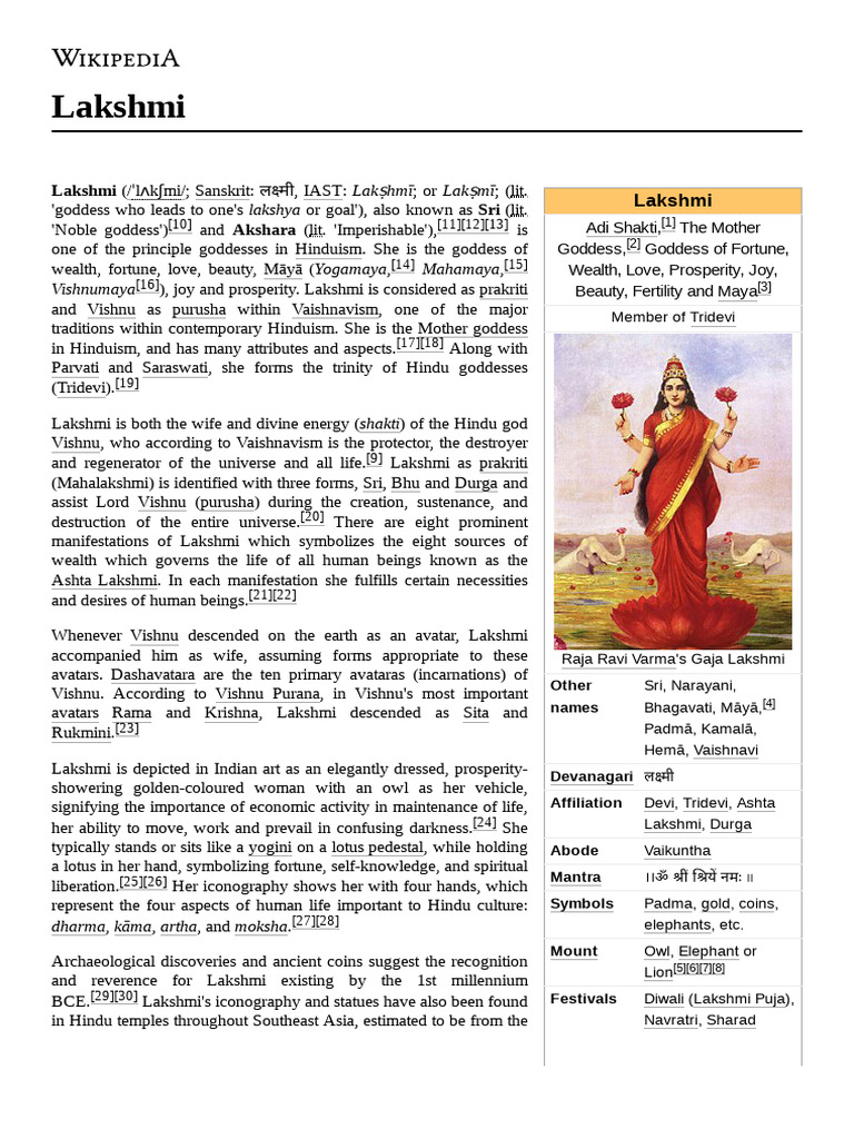 Goddess Lakshmi: Symbols and Significance | PDF | Devi | Vishnu