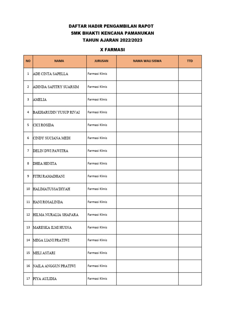 Daftar Hadir Pengambilan Raport 2023 | PDF
