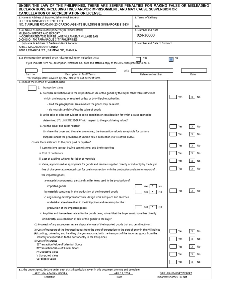 SDV Form for Import Declaration Philippines | PDF | Goods | Royalty Payment