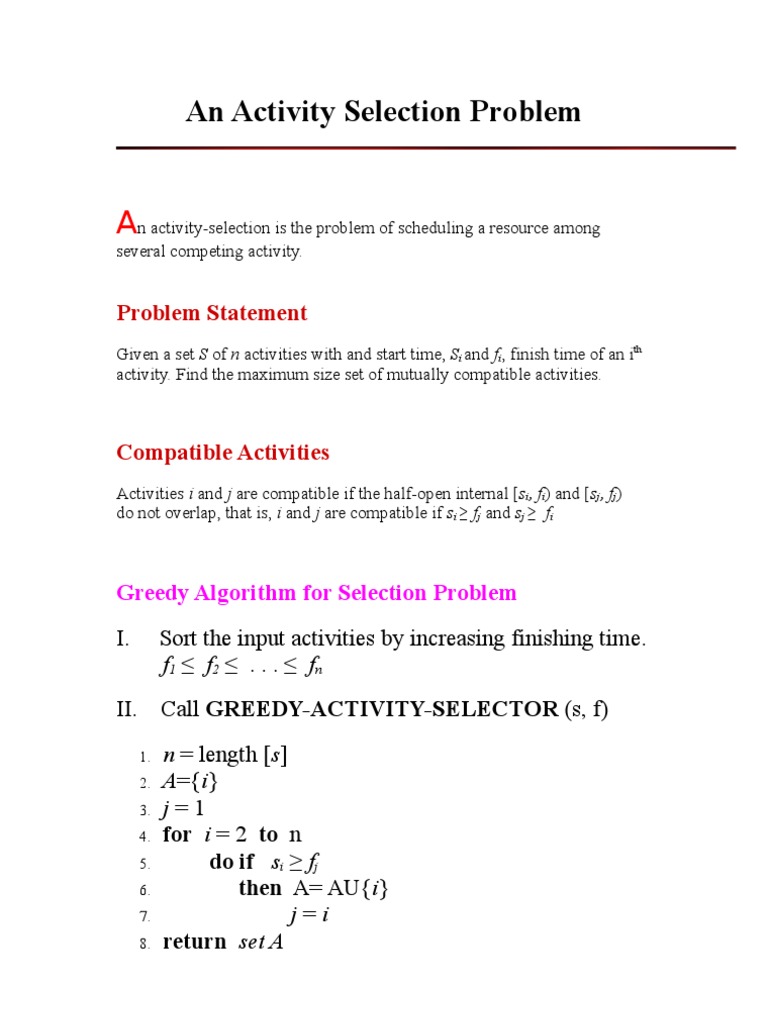 An Activity Selection Problem | PDF | Computer Programming | Discrete ...