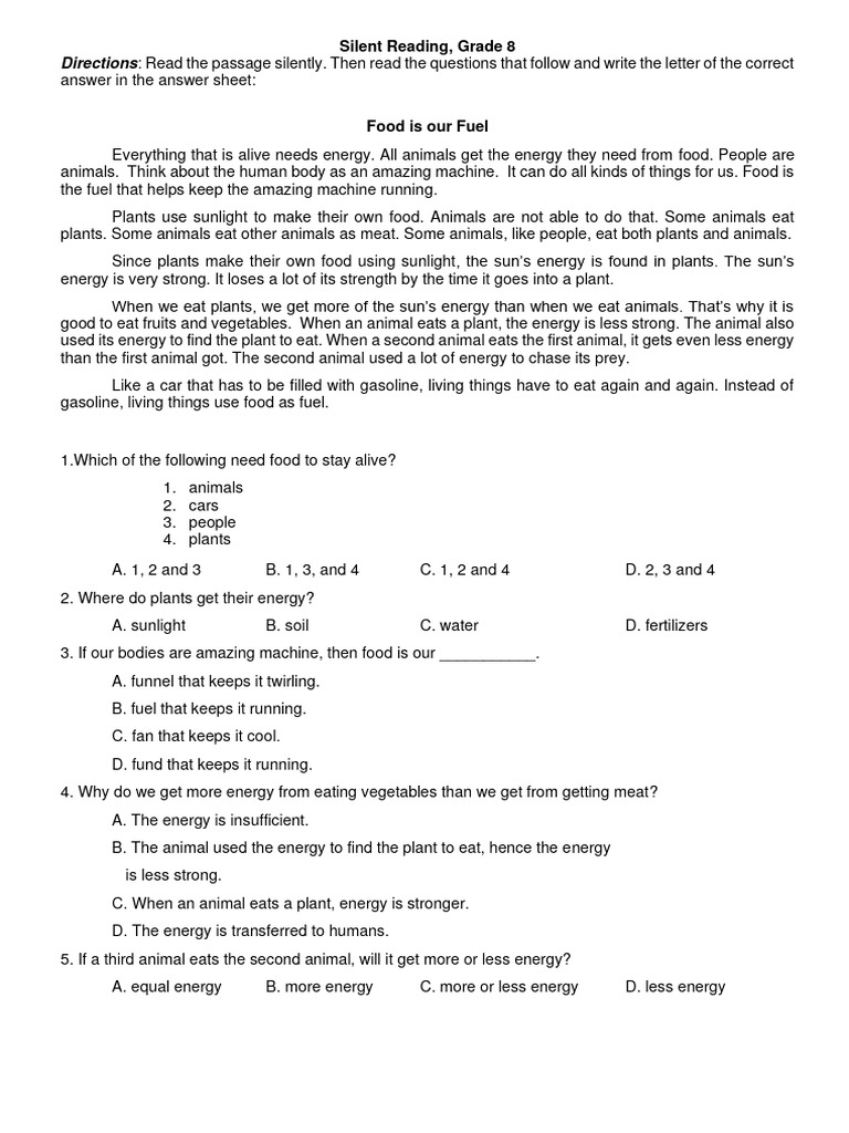 Silent reading for grade 8 pdf foods plants