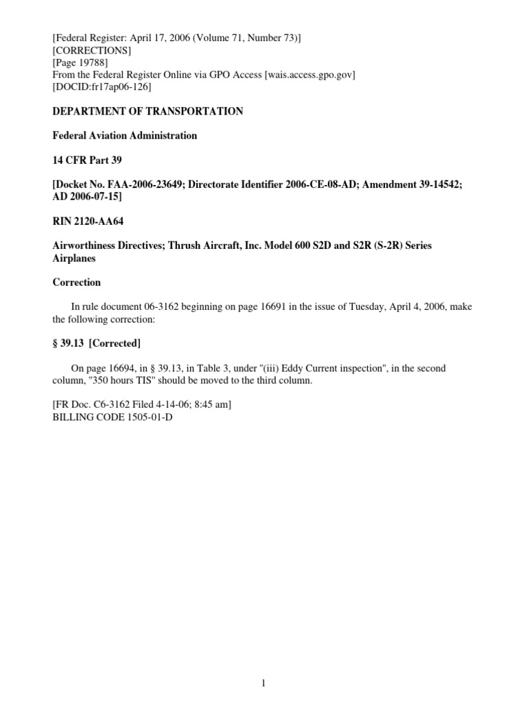 FAA AD for Thrush Aircraft S2 Series | PDF | Federal Aviation ...