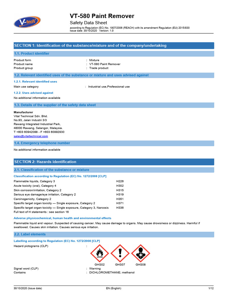 VT-580 Paint Remover Safety Data Sheet | PDF | Toxicity | Occupational ...