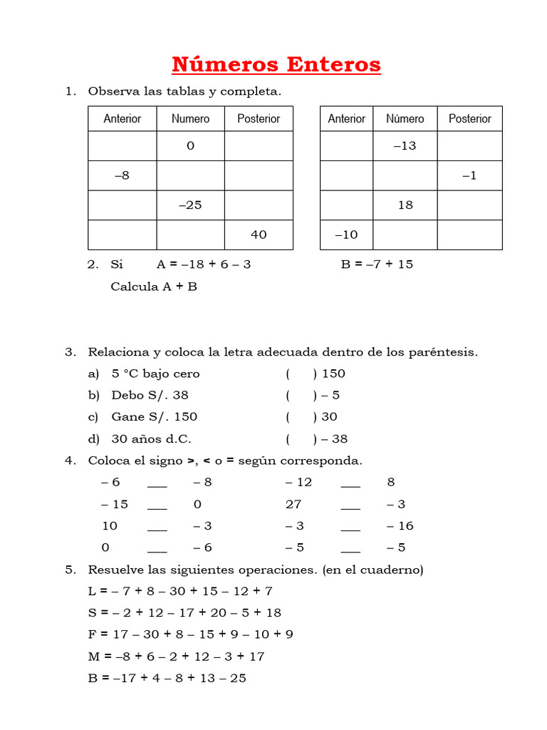 Ejercicios de Números Enteros y Operaciones | PDF | Métodos y ...