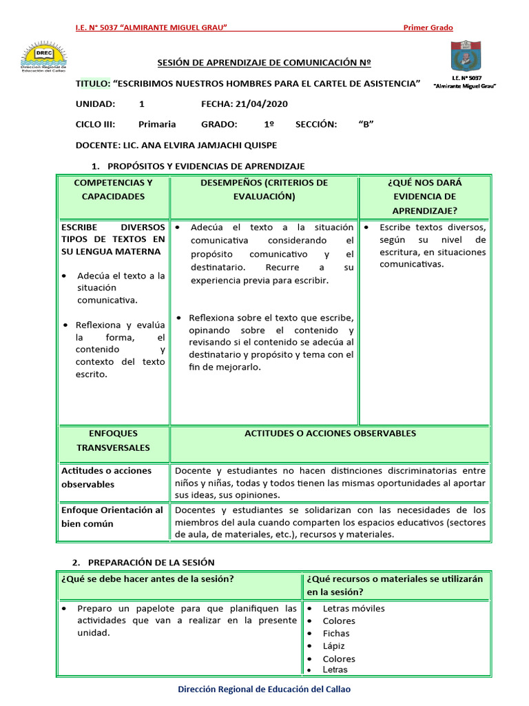 Sesion de Aprendizaje Escribimos Nuestros Nombres para El Cartel de ...