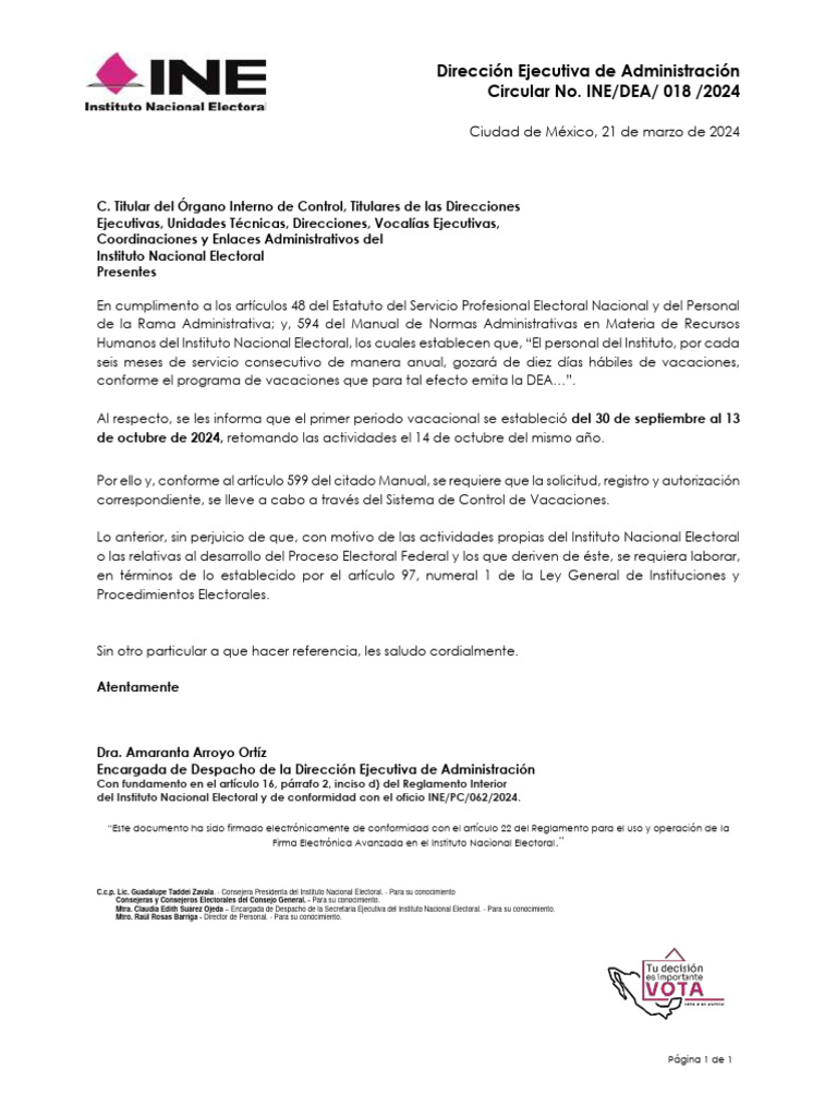 Primer periodo vacacional INE 2024 | PDF | Administración para el