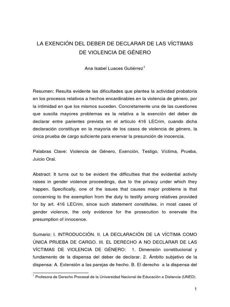 La exencion del deber de declarar de las victimas de violencia de