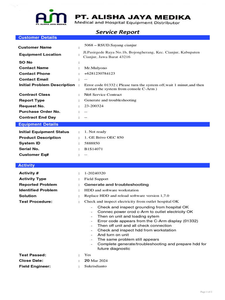 Service Report Troubleshooitng C Arm Oec850 Tanggal 20 Maret 2024 | PDF ...