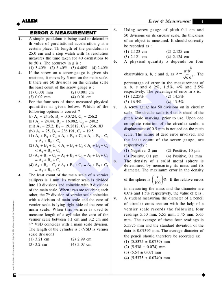 JEE Main 2020 Physics: Error & Measurement Solutions | PDF | Pendulum ...