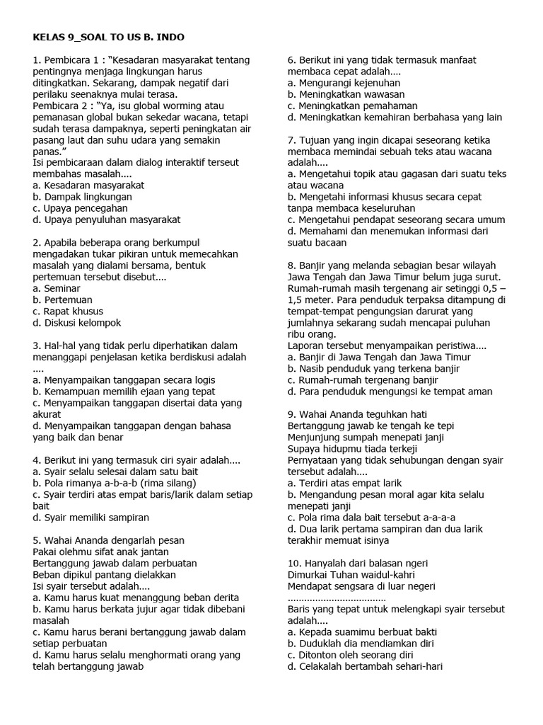 Soal Bahasa Indonesia Kelas 9: Pemahaman dan Analisis | PDF