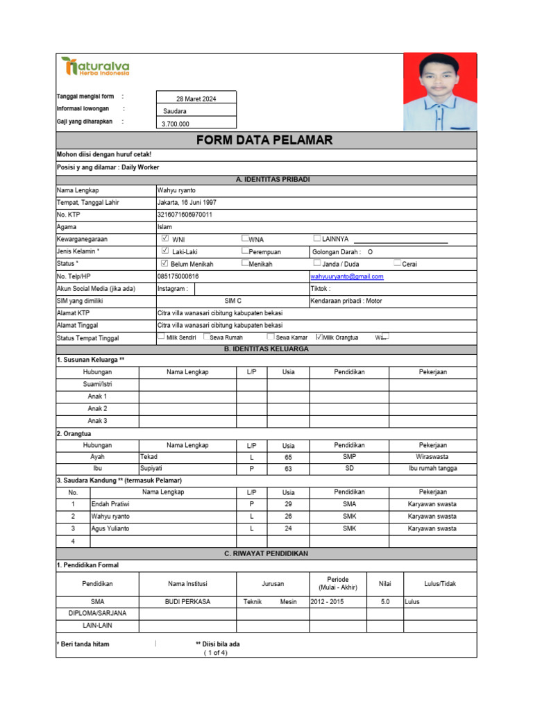001 Form Biodata Nama Posisi Yang Dilamar Pdf