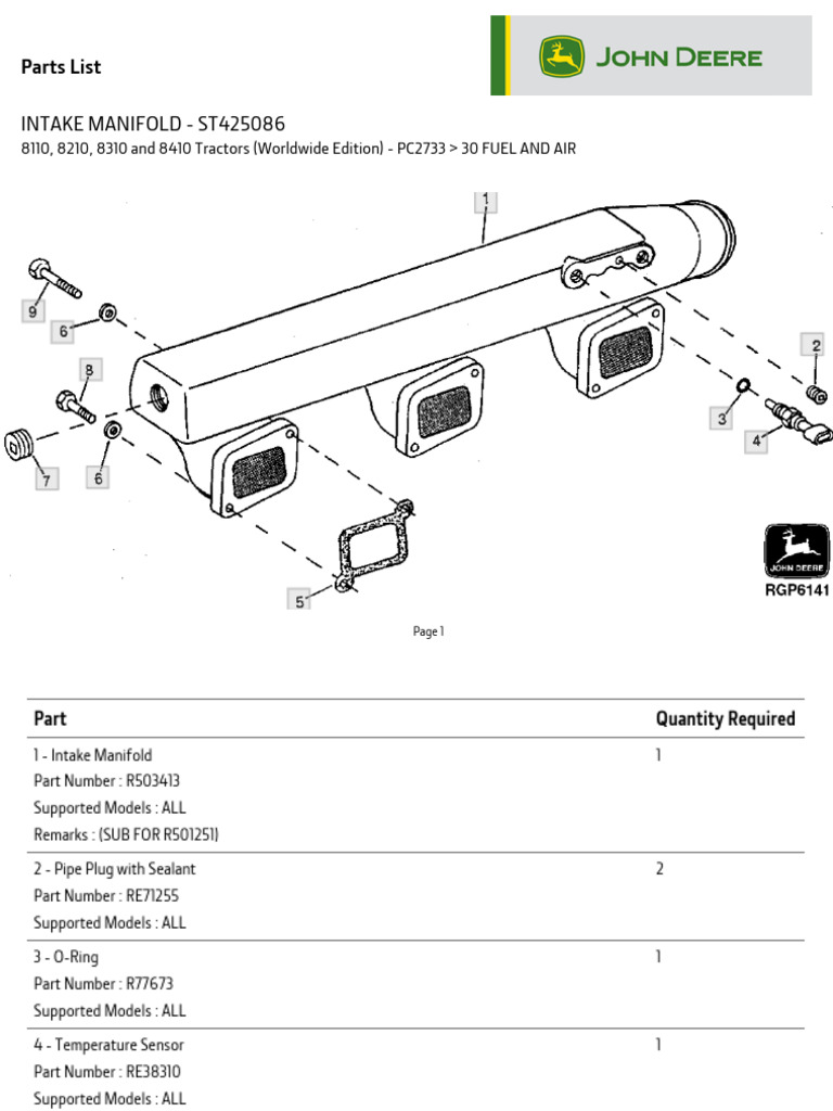 Intake Manifold Parts List for Tractors | PDF