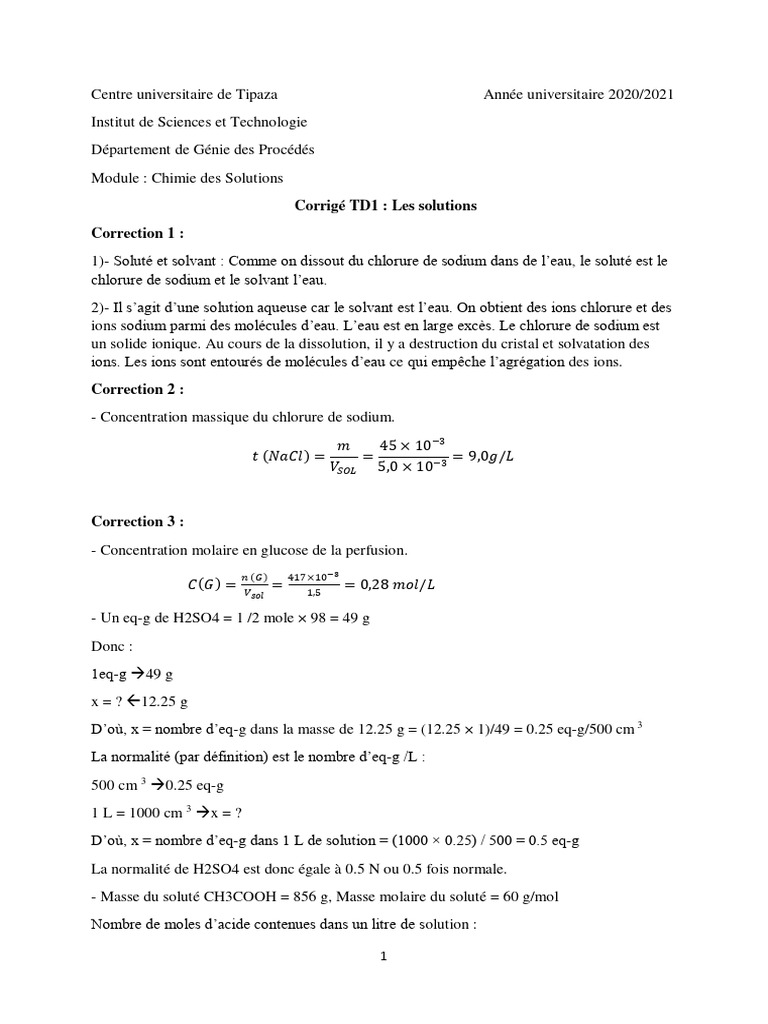 Corrigé TD1 : Chimie des Solutions | PDF | Ion | Solvatation