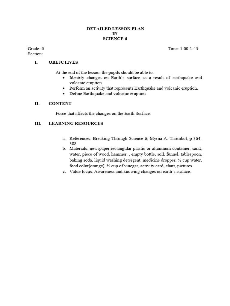 Es Detailed Lesson Plan in Science 1 | PDF | Fault (Geology) | Plate ...