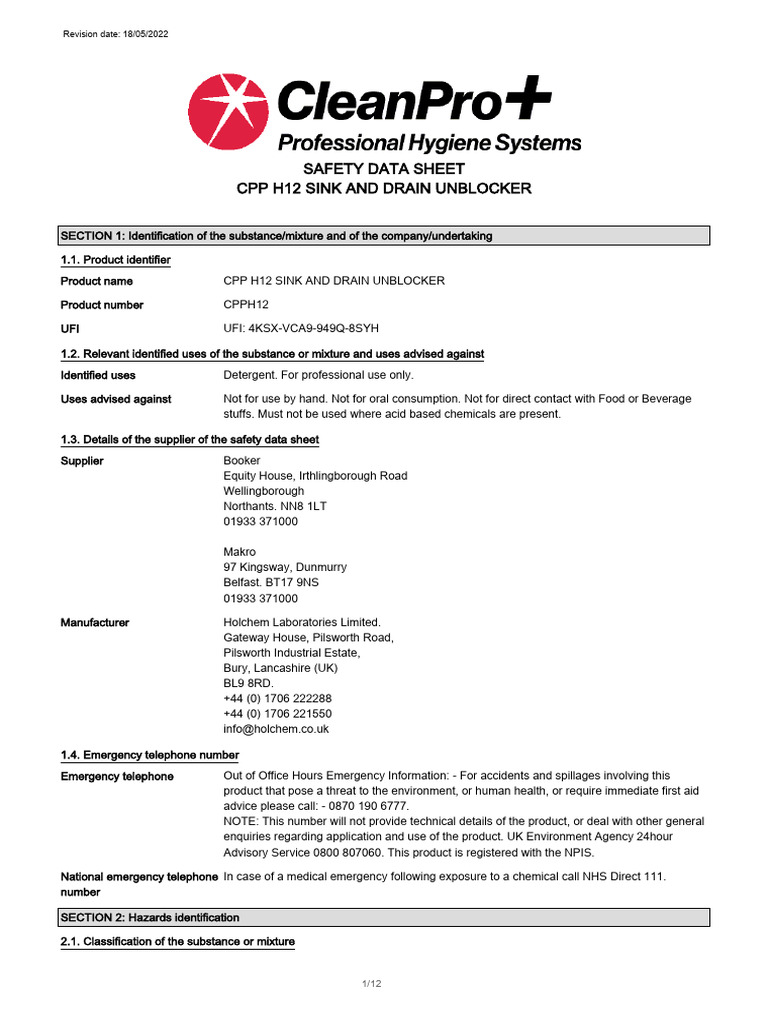 Safety Data Sheet CPP H12 Sink and Drain Unblocker: Revision Date: 18 ...