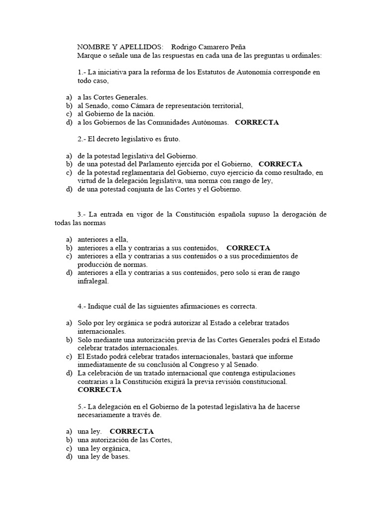 Test de Derecho Constitucional | PDF | Cortes Generales | Regulación