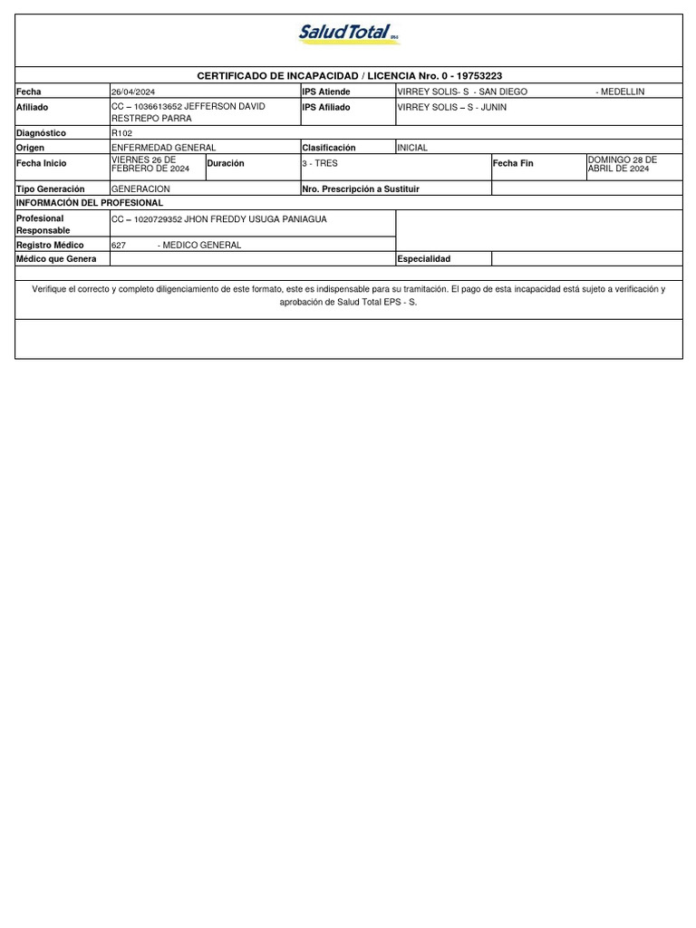 Certificado de Incapacidad Salud Total 2024 | PDF