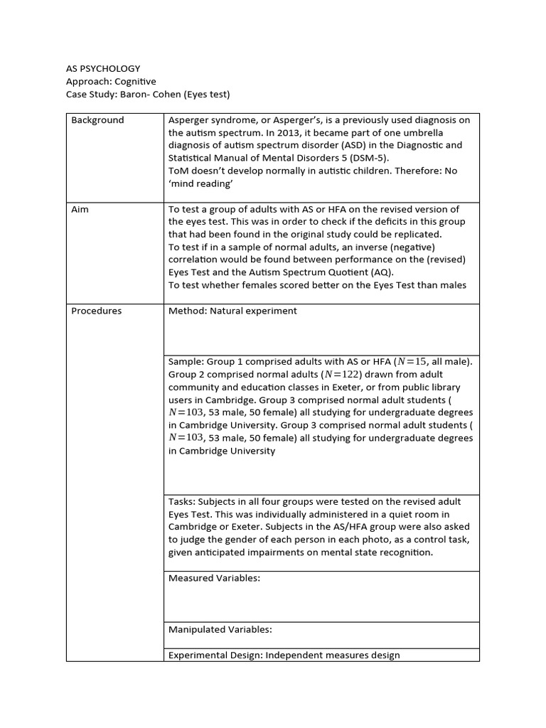 Baron-Cohen summary | PDF | Autism Spectrum | Asperger Syndrome