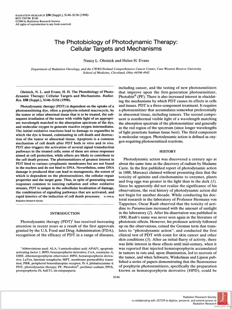 1998 - The Photobiology of Photodynamic Therapy - Cellular Targets and ...