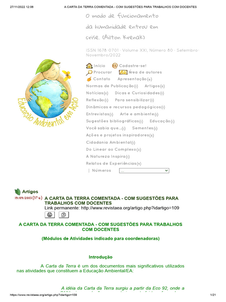 Reflexões sobre a Carta da Terra | PDF | Sustentabilidade | Ambiente ...