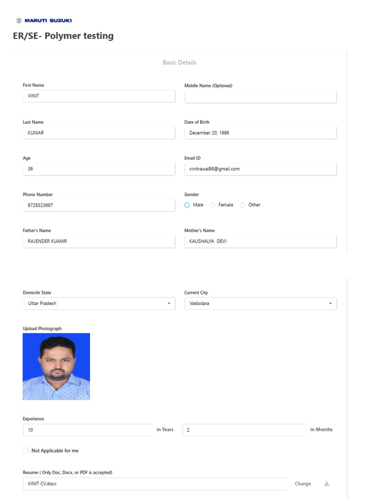 Apply for er se polymer testing at maruti suzuki india limited