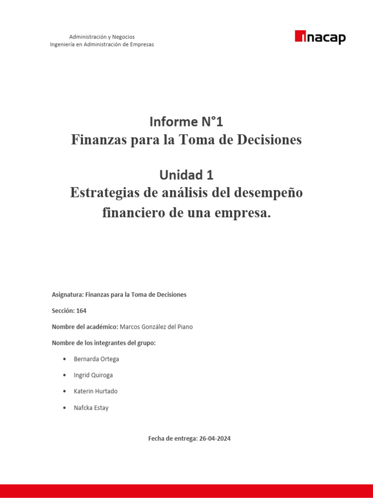 Informe N°1 Finanzas para La Toma de Decisiones | Descargar gratis PDF ...