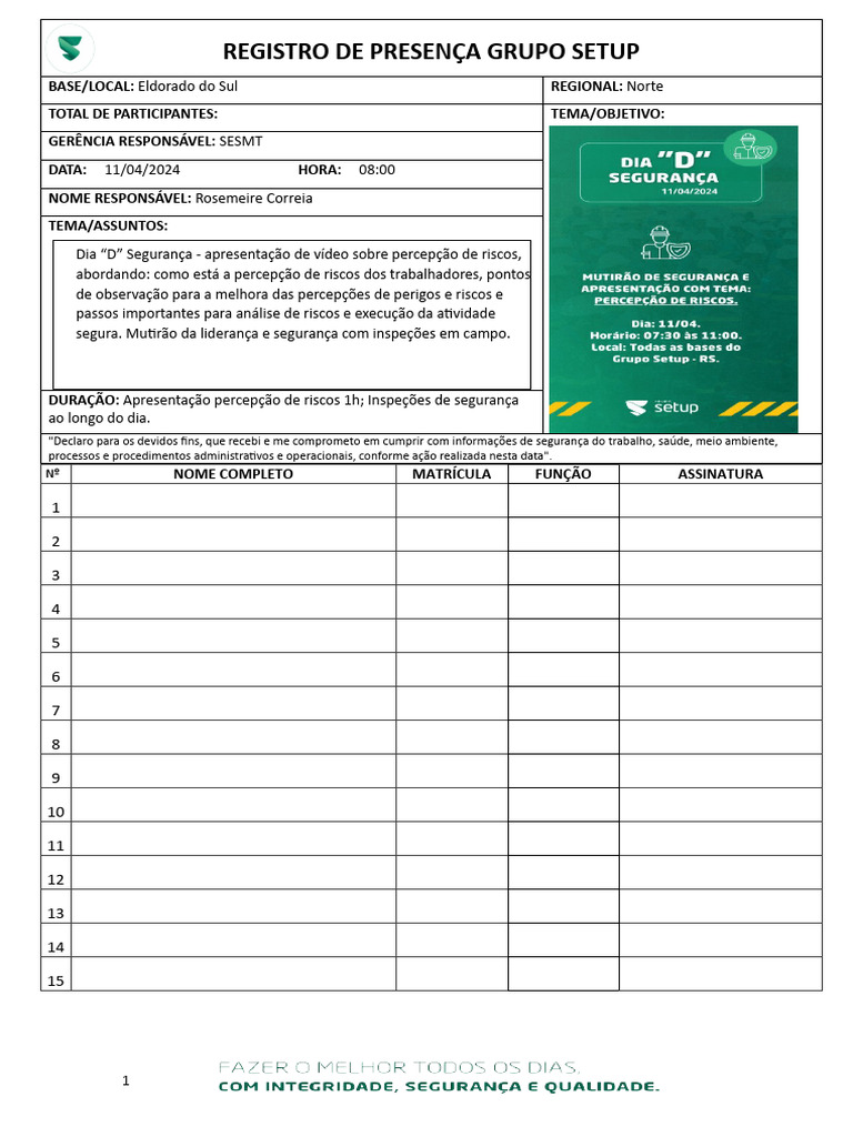 Registro de Presença - Segurança do Trabalho | PDF
