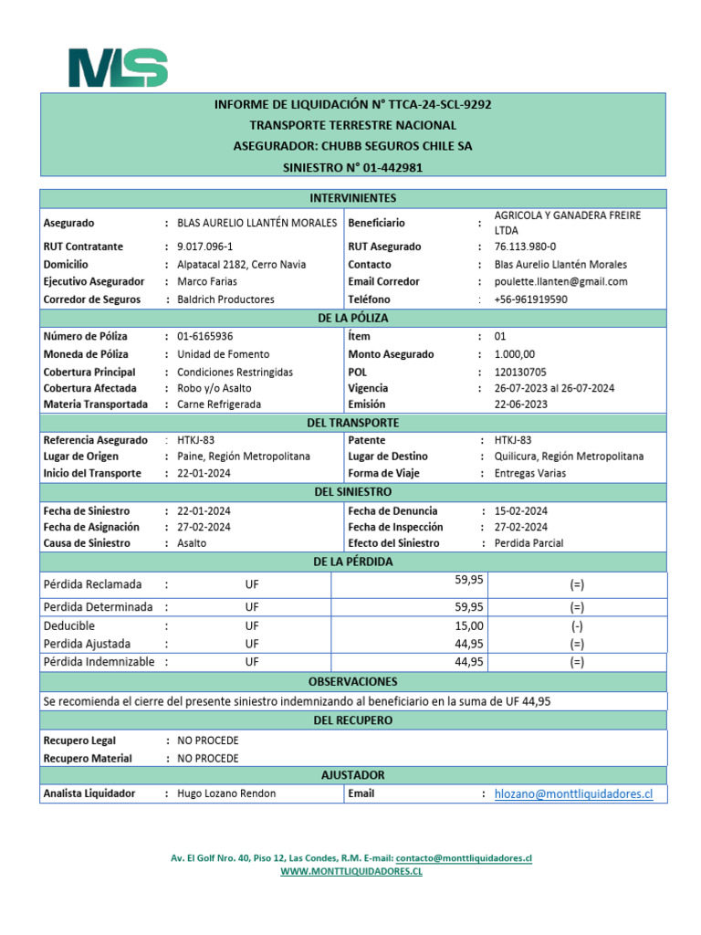 Informe de Liquidación de Siniestro 01-442981 | PDF | Póliza de seguros ...