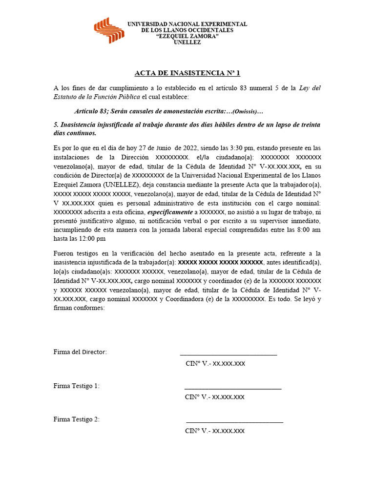 Acta de Inasistencia Laboral UNELLEZ | PDF | Gobierno