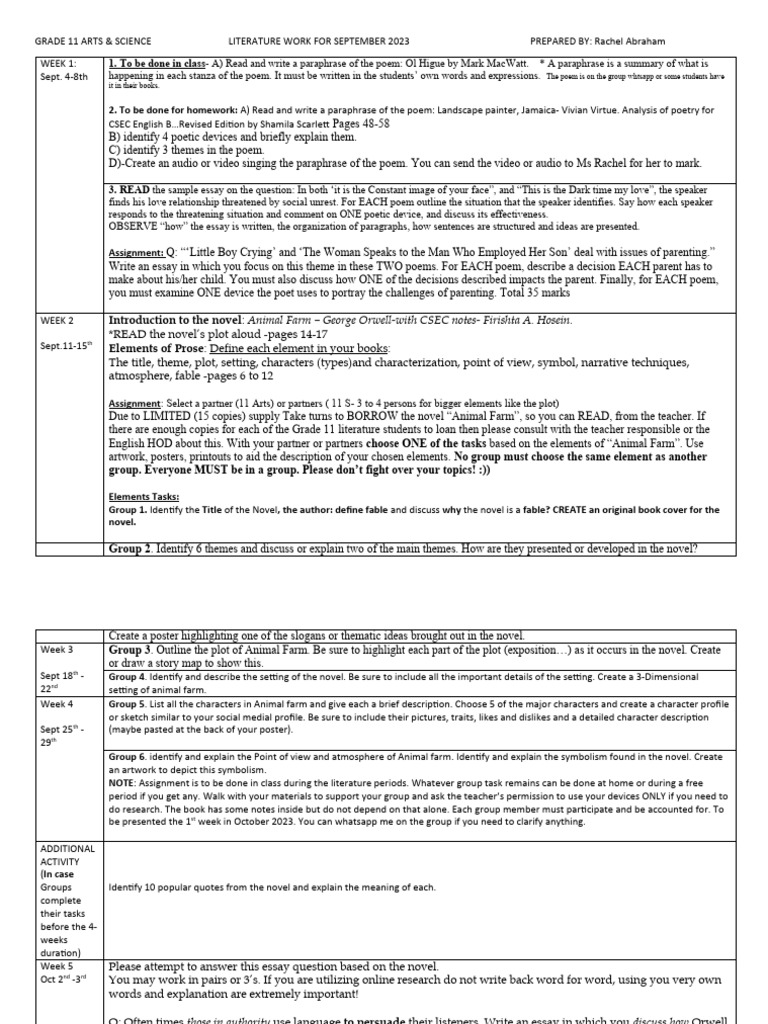 Form 5 WORK - WEEKS 1 - 4 SEPT 2023 | PDF | Poetry