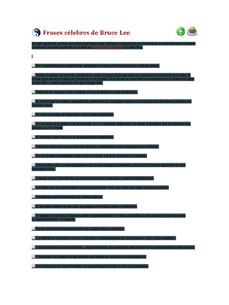 Frases Más Celebres Comentadas Por Bruce Lee | PDF | Kárate | Jeet Kune Do, image size:768x1024